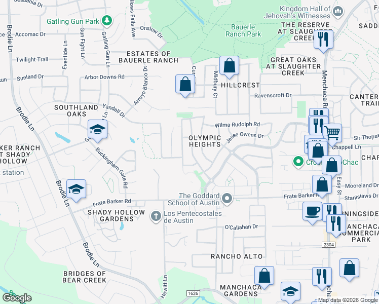 map of restaurants, bars, coffee shops, grocery stores, and more near 11704 Johnny Weismuller Lane in Austin