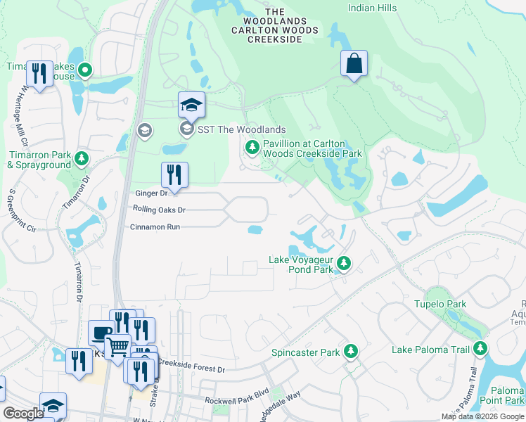 map of restaurants, bars, coffee shops, grocery stores, and more near 8010 Rolling Oaks Drive South in Spring