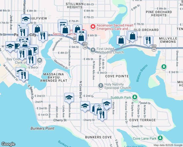 map of restaurants, bars, coffee shops, grocery stores, and more near 325 North Palo Alto Avenue in Panama City