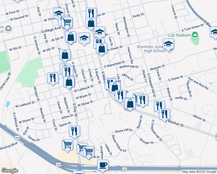 map of restaurants, bars, coffee shops, grocery stores, and more near 1809 South Market Street in Brenham