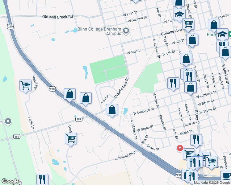 map of restaurants, bars, coffee shops, grocery stores, and more near 1114 Prairie Lea Street in Brenham