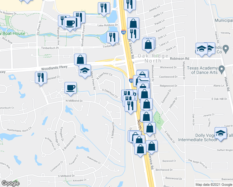 map of restaurants, bars, coffee shops, grocery stores, and more near 78 Brookflower Road in Spring
