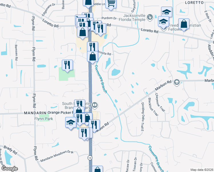 map of restaurants, bars, coffee shops, grocery stores, and more near 11950 Swooping Willow Road in Jacksonville