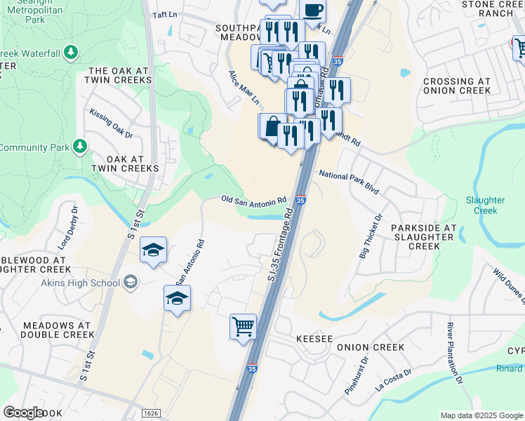 map of restaurants, bars, coffee shops, grocery stores, and more near 10200 South Interstate 35 Frontage Road in Austin