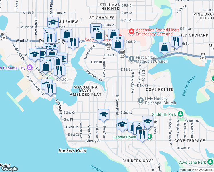 map of restaurants, bars, coffee shops, grocery stores, and more near 320 Massalina Drive in Panama City
