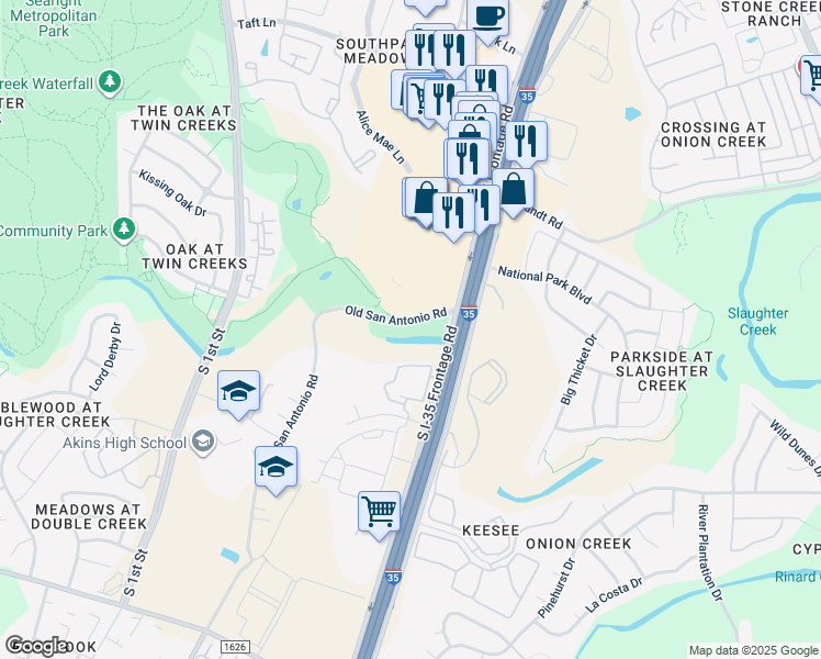 map of restaurants, bars, coffee shops, grocery stores, and more near 10200 South Interstate 35 Frontage Road in Austin