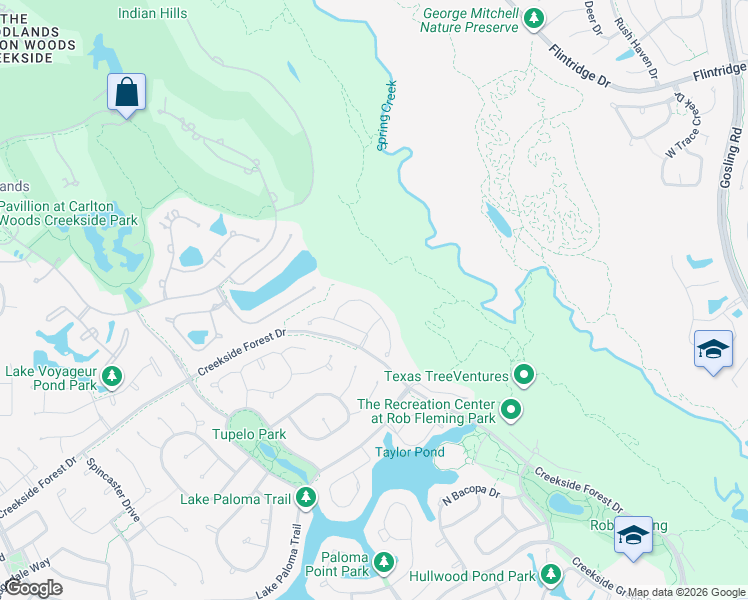 map of restaurants, bars, coffee shops, grocery stores, and more near 54 Sandwell Place in Spring