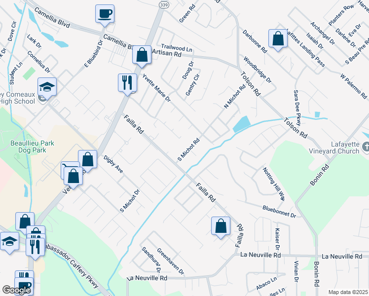 map of restaurants, bars, coffee shops, grocery stores, and more near 200 South Michot Road in Lafayette