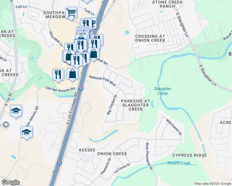 map of restaurants, bars, coffee shops, grocery stores, and more near 10116 Big Thicket Drive in Austin