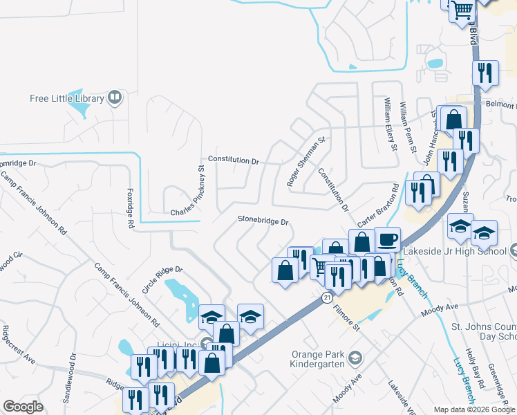 map of restaurants, bars, coffee shops, grocery stores, and more near 604 Benjamin Harrison Street in Orange Park