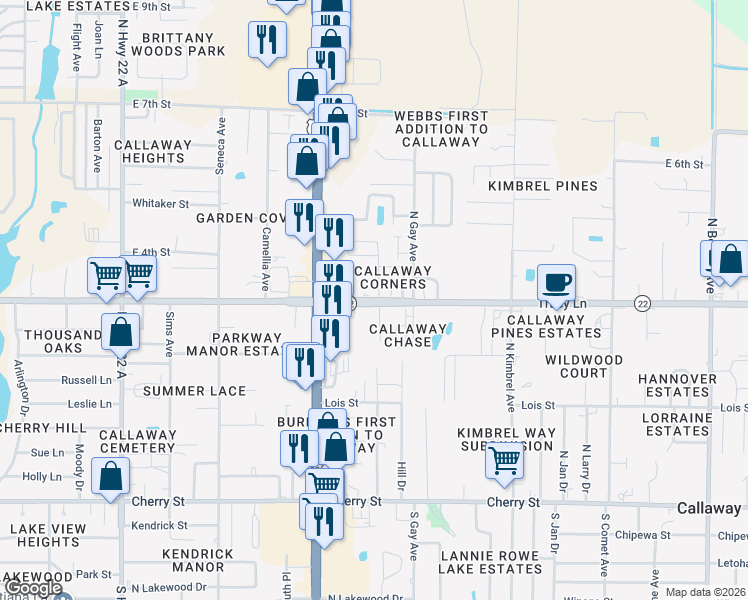 map of restaurants, bars, coffee shops, grocery stores, and more near 5743 Wewa Highway in Callaway