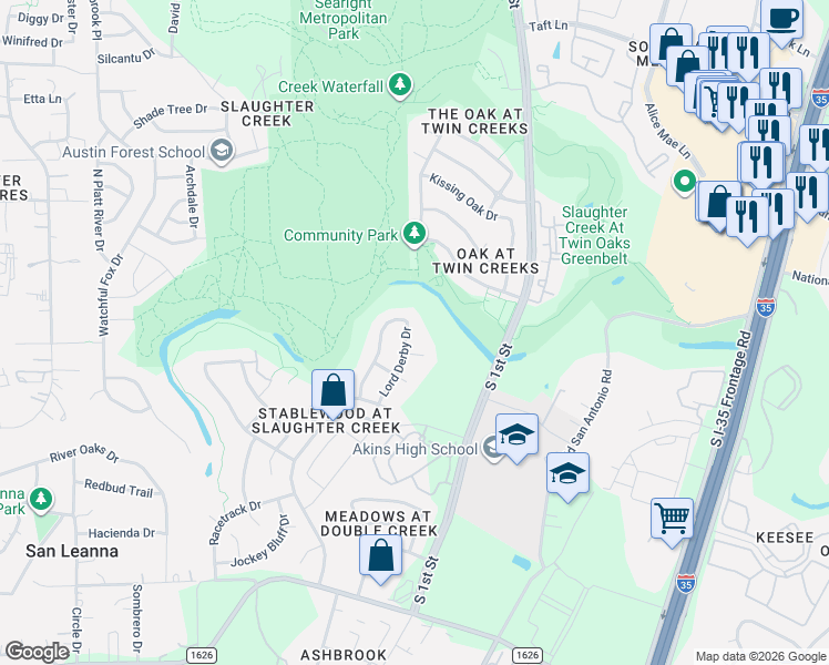 map of restaurants, bars, coffee shops, grocery stores, and more near 10609 Lord Derby Drive in Austin