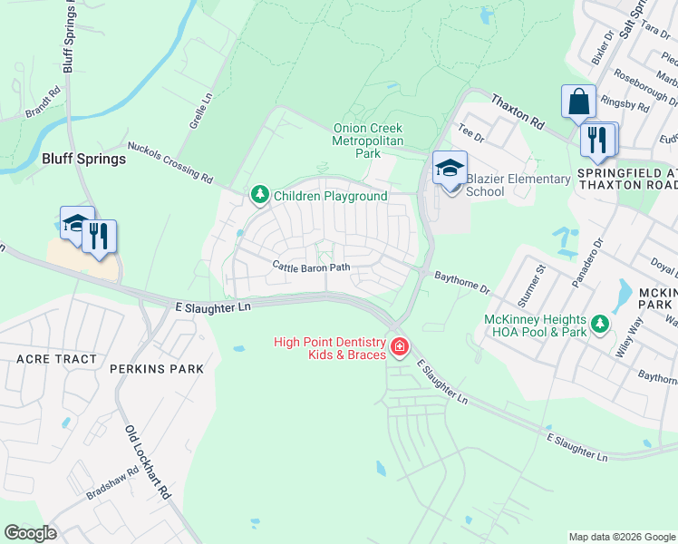 map of restaurants, bars, coffee shops, grocery stores, and more near 9029 Cattle Baron Path in Austin