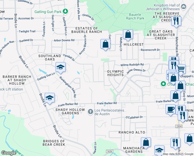 map of restaurants, bars, coffee shops, grocery stores, and more near 11608 Eric Heiden Court in Austin