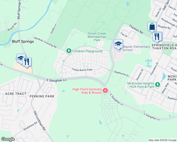 map of restaurants, bars, coffee shops, grocery stores, and more near 9033 Cattle Baron Path in Austin