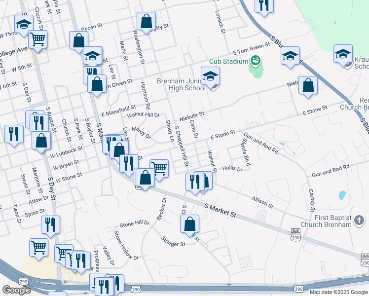 map of restaurants, bars, coffee shops, grocery stores, and more near 806 East Stone Street in Brenham