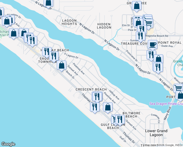 map of restaurants, bars, coffee shops, grocery stores, and more near 6229 Hilltop Avenue in Panama City