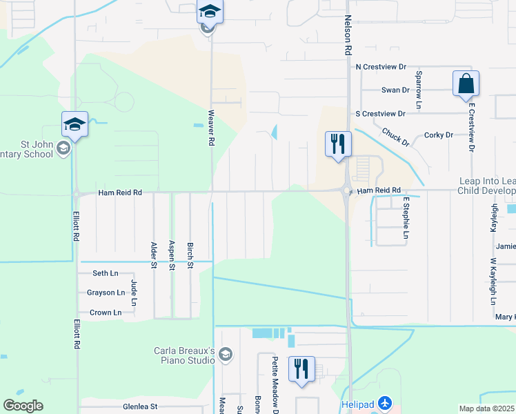map of restaurants, bars, coffee shops, grocery stores, and more near 5710 Spruce Street in Lake Charles
