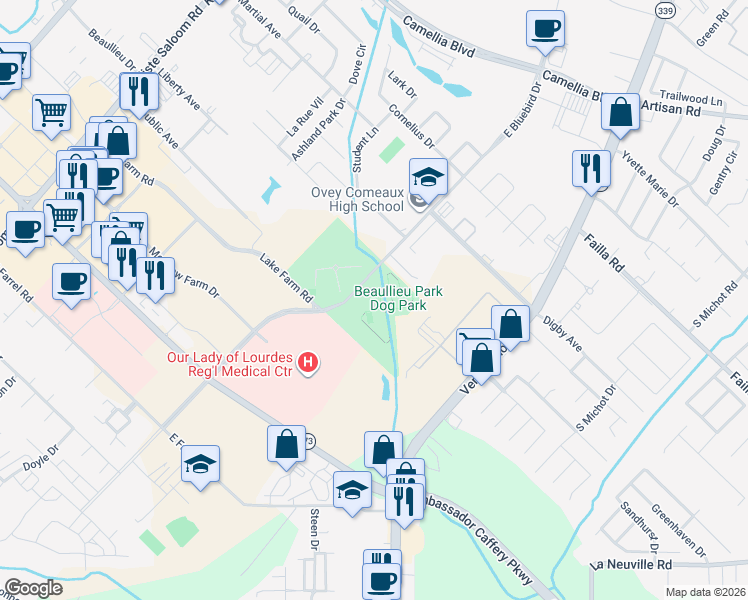map of restaurants, bars, coffee shops, grocery stores, and more near 411 West Bluebird Drive in Lafayette