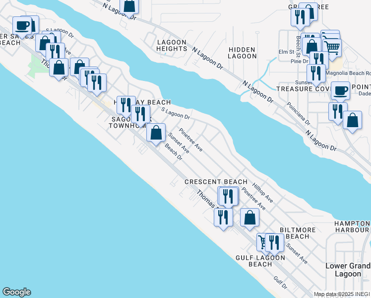 map of restaurants, bars, coffee shops, grocery stores, and more near 6414 Beach Drive in Panama City