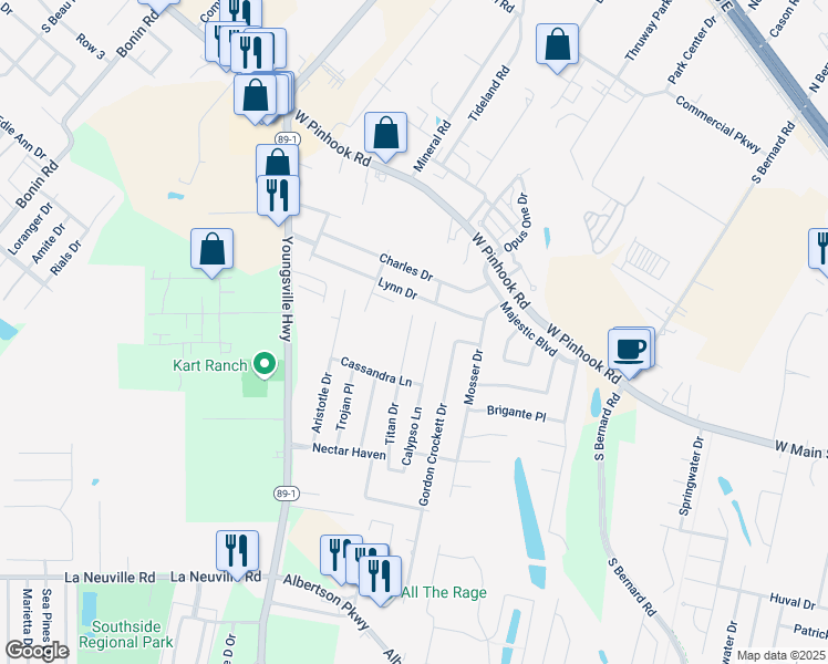 map of restaurants, bars, coffee shops, grocery stores, and more near 314 Titan Drive in Lafayette