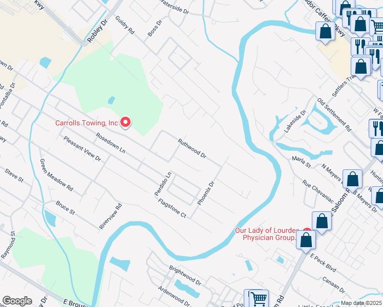map of restaurants, bars, coffee shops, grocery stores, and more near 206 Ruthwood Drive in Lafayette