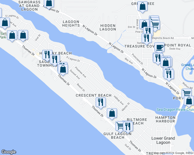 map of restaurants, bars, coffee shops, grocery stores, and more near 6218 Hilltop Avenue in Panama City