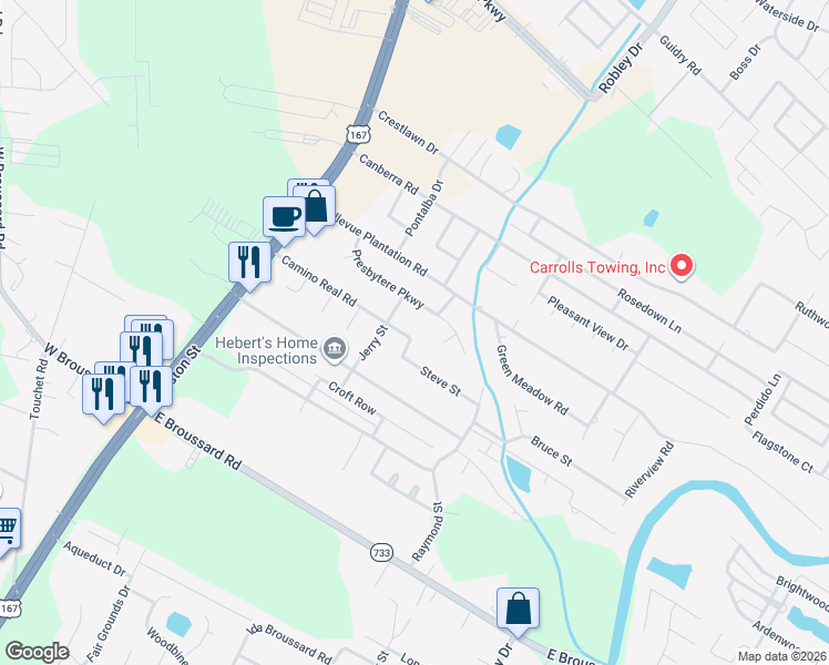 map of restaurants, bars, coffee shops, grocery stores, and more near 507 Camino Real Road in Lafayette
