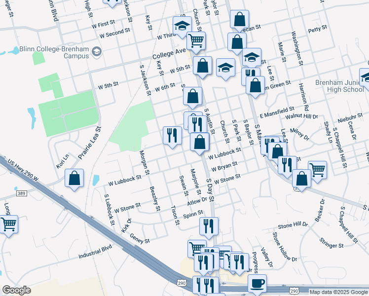 map of restaurants, bars, coffee shops, grocery stores, and more near 410 West Chauncy Street in Brenham