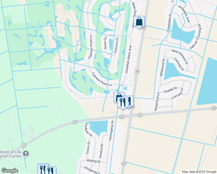 map of restaurants, bars, coffee shops, grocery stores, and more near 5422 Cypress Point Lane in Gonzales
