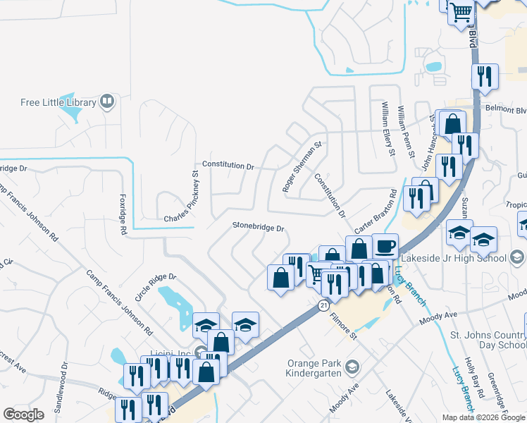 map of restaurants, bars, coffee shops, grocery stores, and more near 604 Benjamin Harrison Street in Orange Park