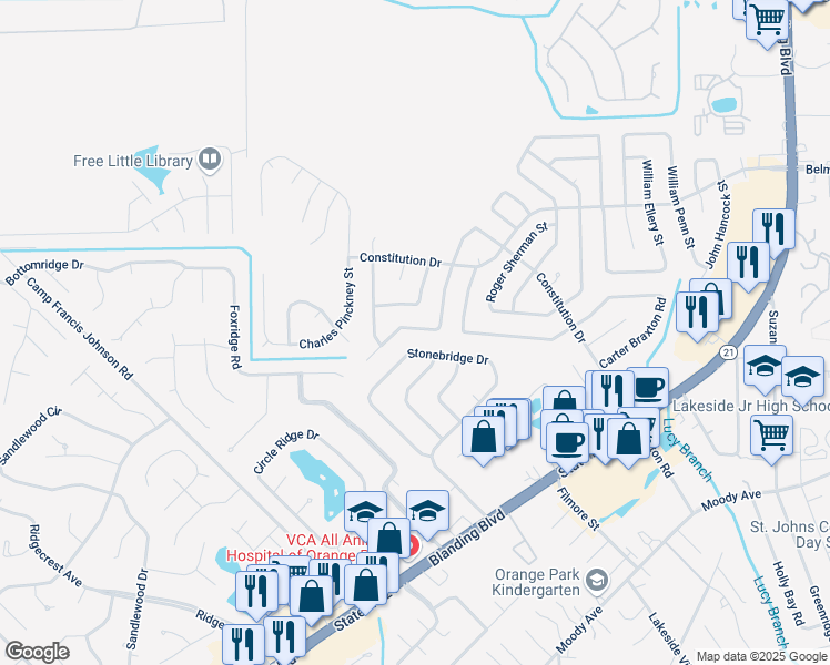map of restaurants, bars, coffee shops, grocery stores, and more near 2295 Richard Lee Street in Orange Park