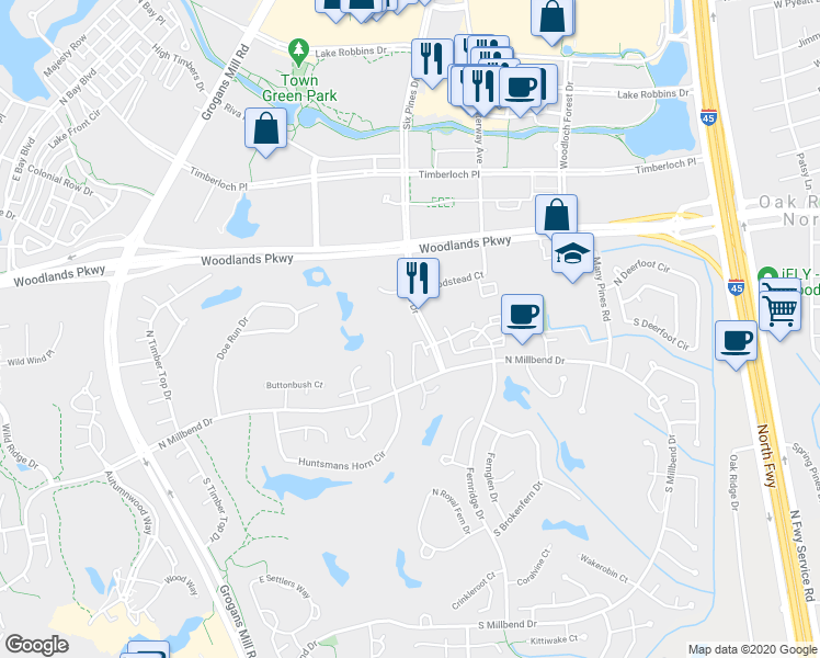 map of restaurants, bars, coffee shops, grocery stores, and more near 10655 Six Pines Drive in Spring