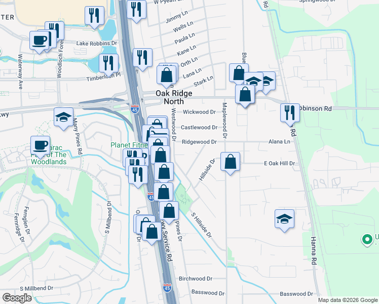 map of restaurants, bars, coffee shops, grocery stores, and more near 211 Westwood Court in Spring
