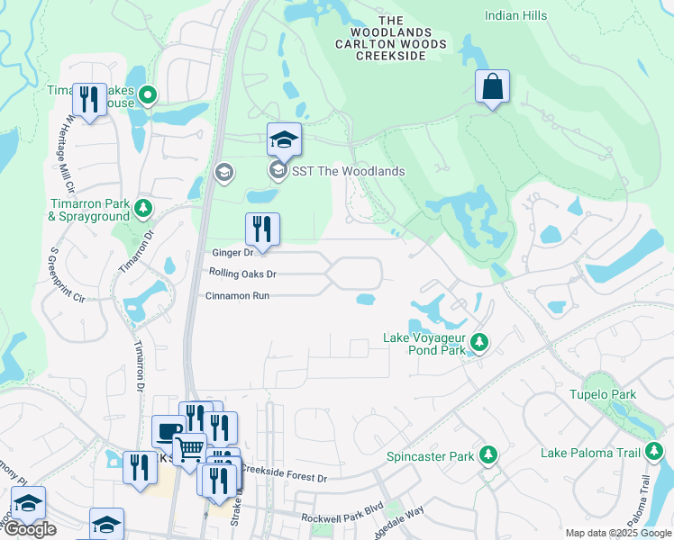 map of restaurants, bars, coffee shops, grocery stores, and more near 8123 Rolling Oaks Drive North in Spring