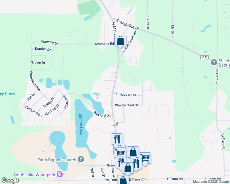 map of restaurants, bars, coffee shops, grocery stores, and more near 150-190 E Elizabeth St in Vidor