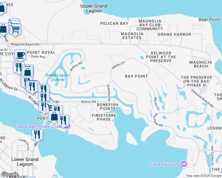 map of restaurants, bars, coffee shops, grocery stores, and more near 1205 Bonefish Drive in Panama City Beach