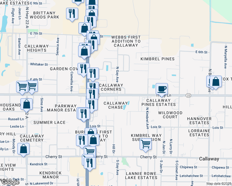 map of restaurants, bars, coffee shops, grocery stores, and more near 301 North Gay Avenue in Panama City
