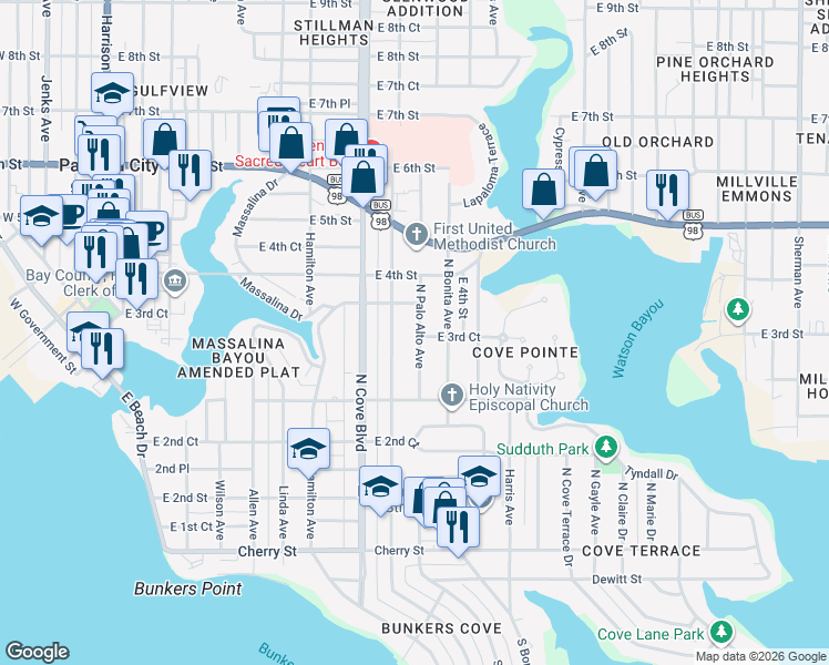 map of restaurants, bars, coffee shops, grocery stores, and more near 325 North Palo Alto Avenue in Panama City