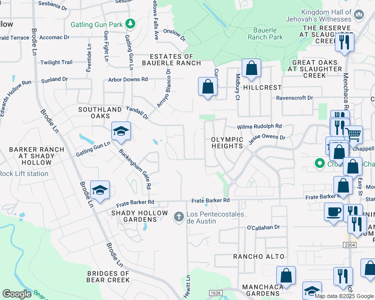 map of restaurants, bars, coffee shops, grocery stores, and more near 11608 Eric Heiden Court in Austin