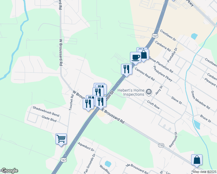 map of restaurants, bars, coffee shops, grocery stores, and more near 6722 Johnston Street in Lafayette