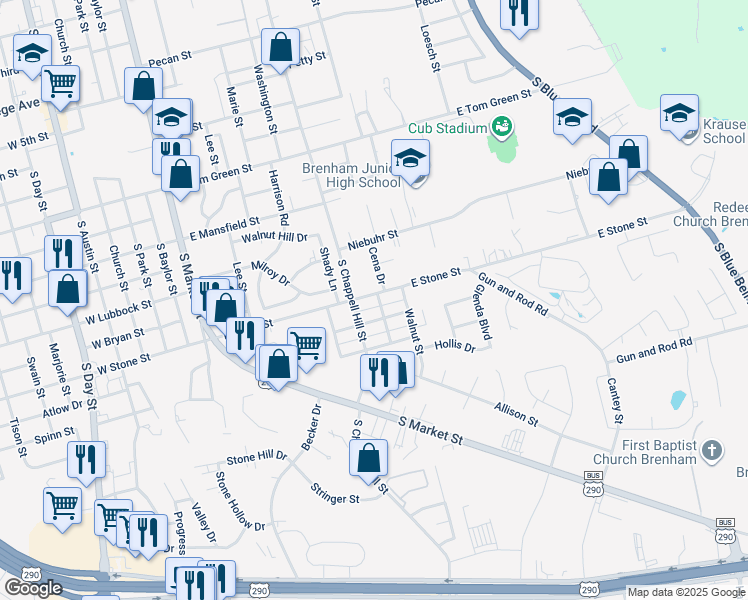 map of restaurants, bars, coffee shops, grocery stores, and more near 1003 Rhames Avenue in Brenham
