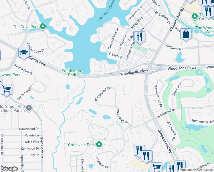 map of restaurants, bars, coffee shops, grocery stores, and more near 2901 East Wildwind Circle in Spring