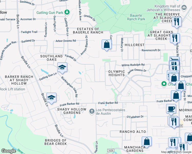 map of restaurants, bars, coffee shops, grocery stores, and more near 11608 Eric Heiden Court in Austin