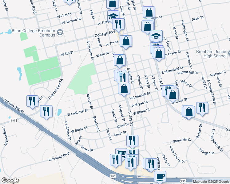 map of restaurants, bars, coffee shops, grocery stores, and more near 410 West Chauncy Street in Brenham