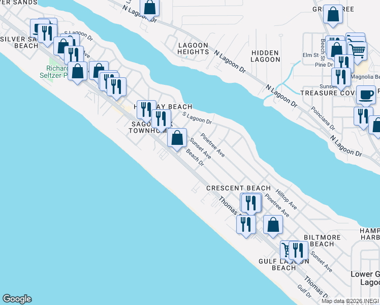 map of restaurants, bars, coffee shops, grocery stores, and more near 6499 Beach Drive in Panama City