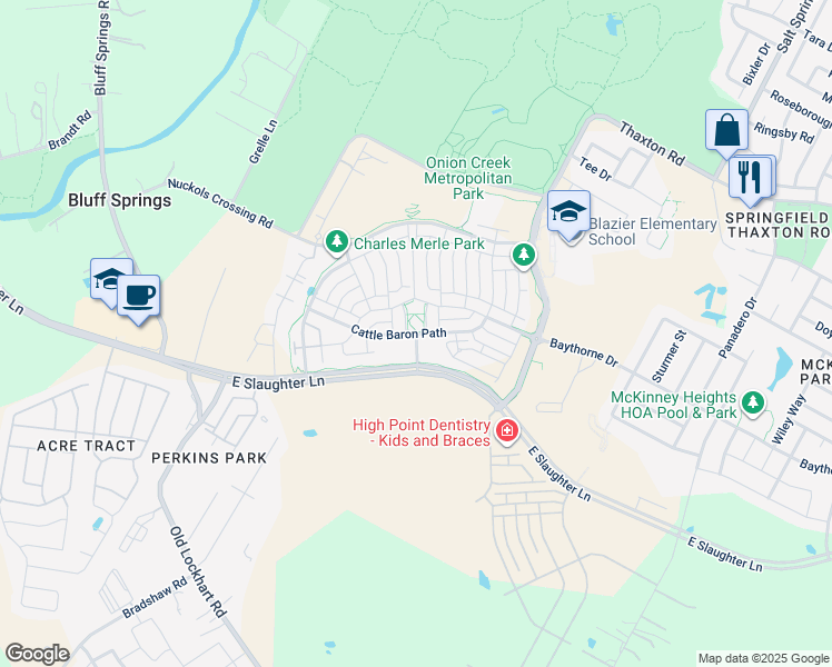 map of restaurants, bars, coffee shops, grocery stores, and more near Cattle Baron Path in Austin