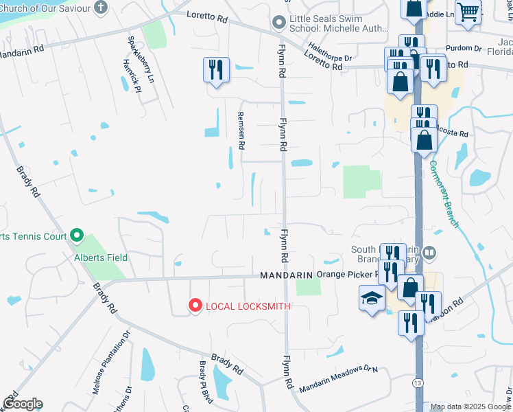 map of restaurants, bars, coffee shops, grocery stores, and more near 11972 Elizabeth Ann Court in Jacksonville