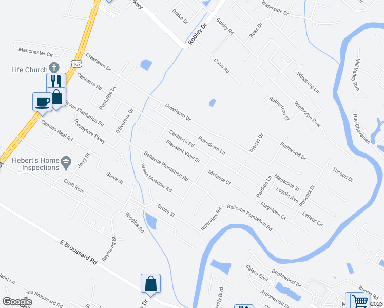map of restaurants, bars, coffee shops, grocery stores, and more near 129 Pleasant View Drive in Lafayette