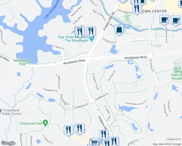 map of restaurants, bars, coffee shops, grocery stores, and more near 3 Hedgebell Court in Spring